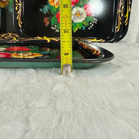 Vintage Set (5) Metal Toleware Snack Tip Tray Hand Painted Floral Flowers 1950's - Picture 9 of 9
